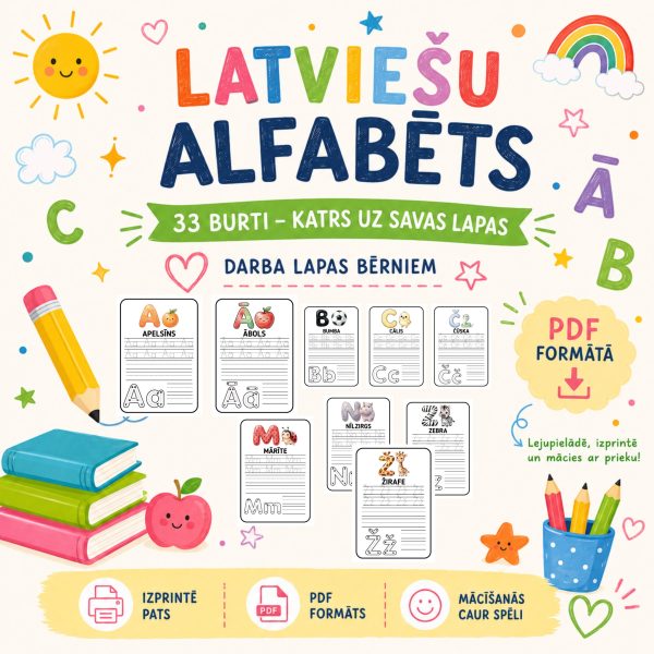 Latviešu alfabēta darba lapas PDF - 33 drukājamas mācību lapas bērniem latviešu burtu un rakstīšanas apguvei.